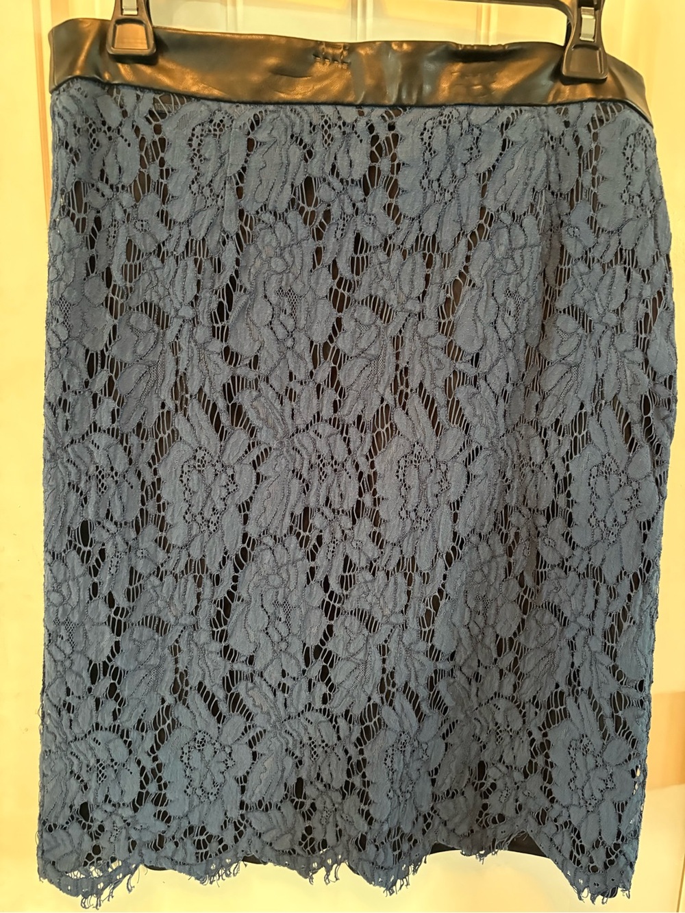 Brixon Ivy Navy Blue Lace Pencil Skirt with Black Faux Leather Waistband